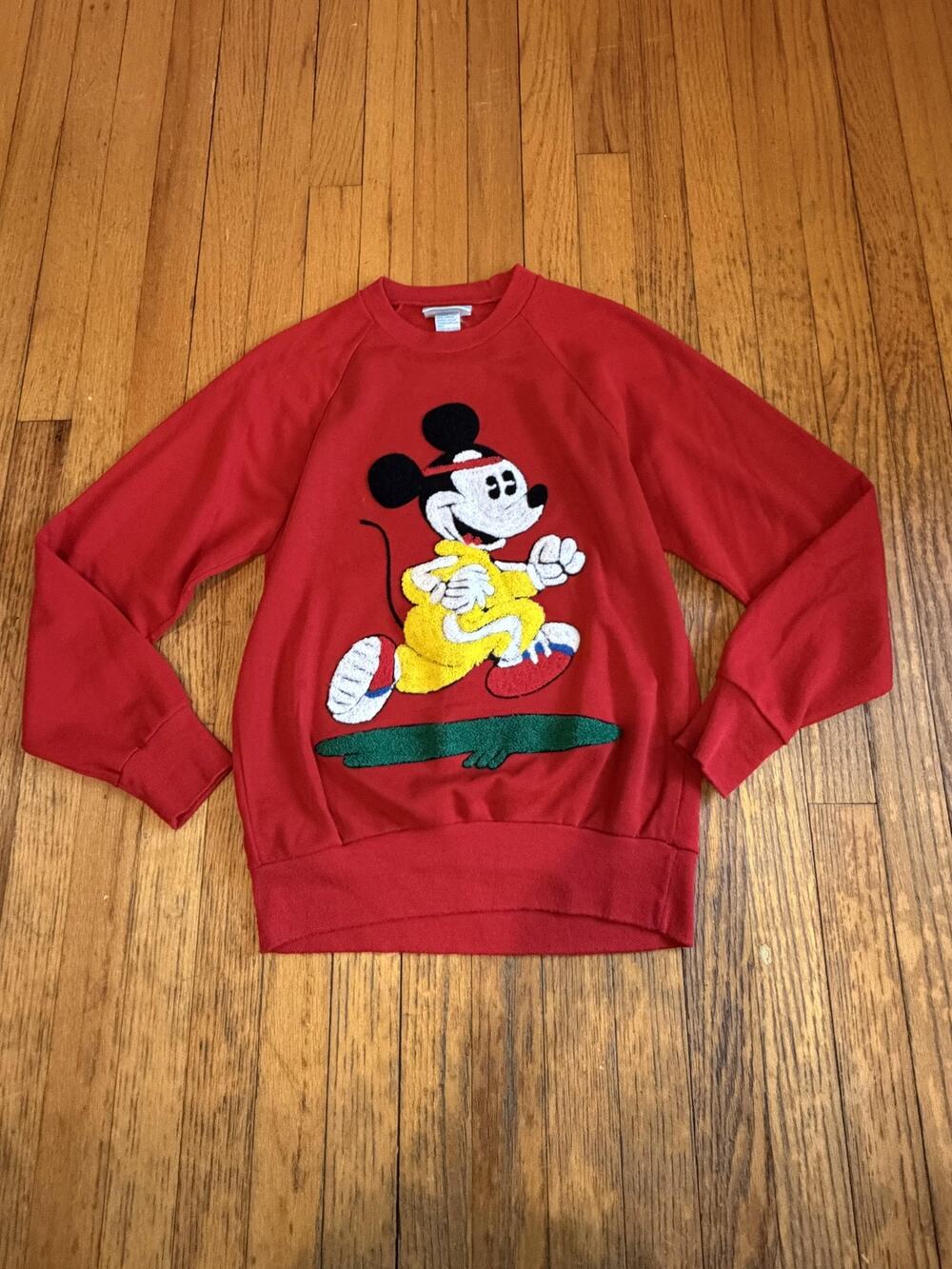Vintage Sunday Comics Mickey Mouse Sweater Womens Small Red Knit Pullover 80s